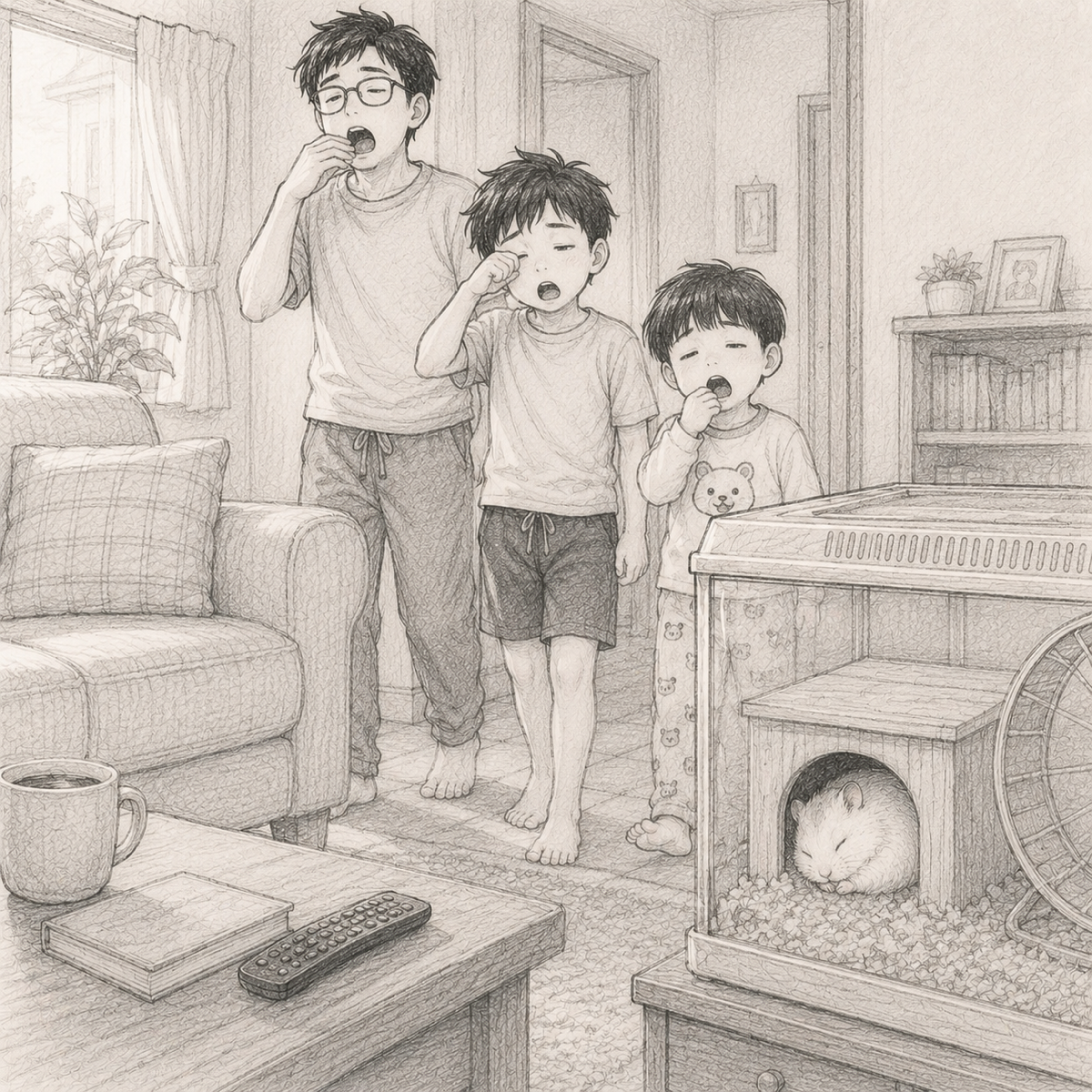コマ4：朝、ぐっすり眠るユキちゃんと、寝不足のパパ