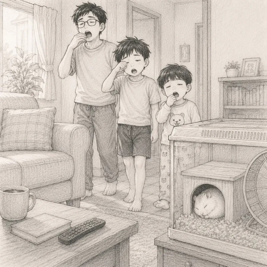 コマ4：朝、ぐっすり眠るユキちゃんと、寝不足のパパ
