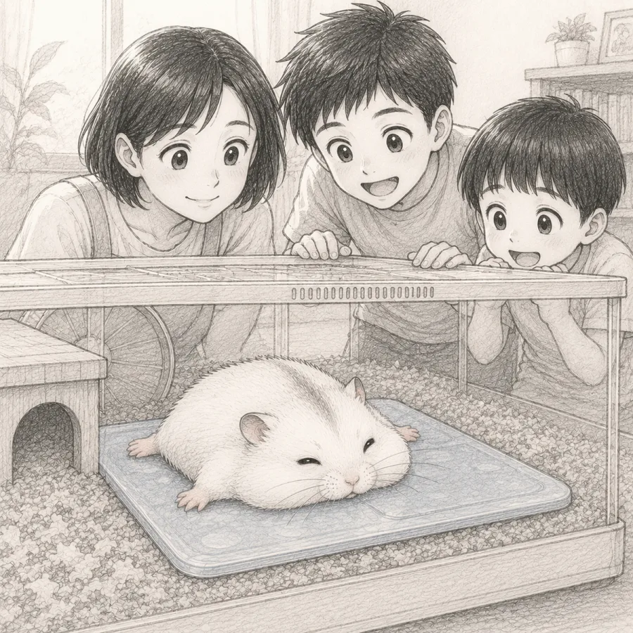 コマ4：気づけば冷却マットの上でぺったんこに伸びるユキちゃん