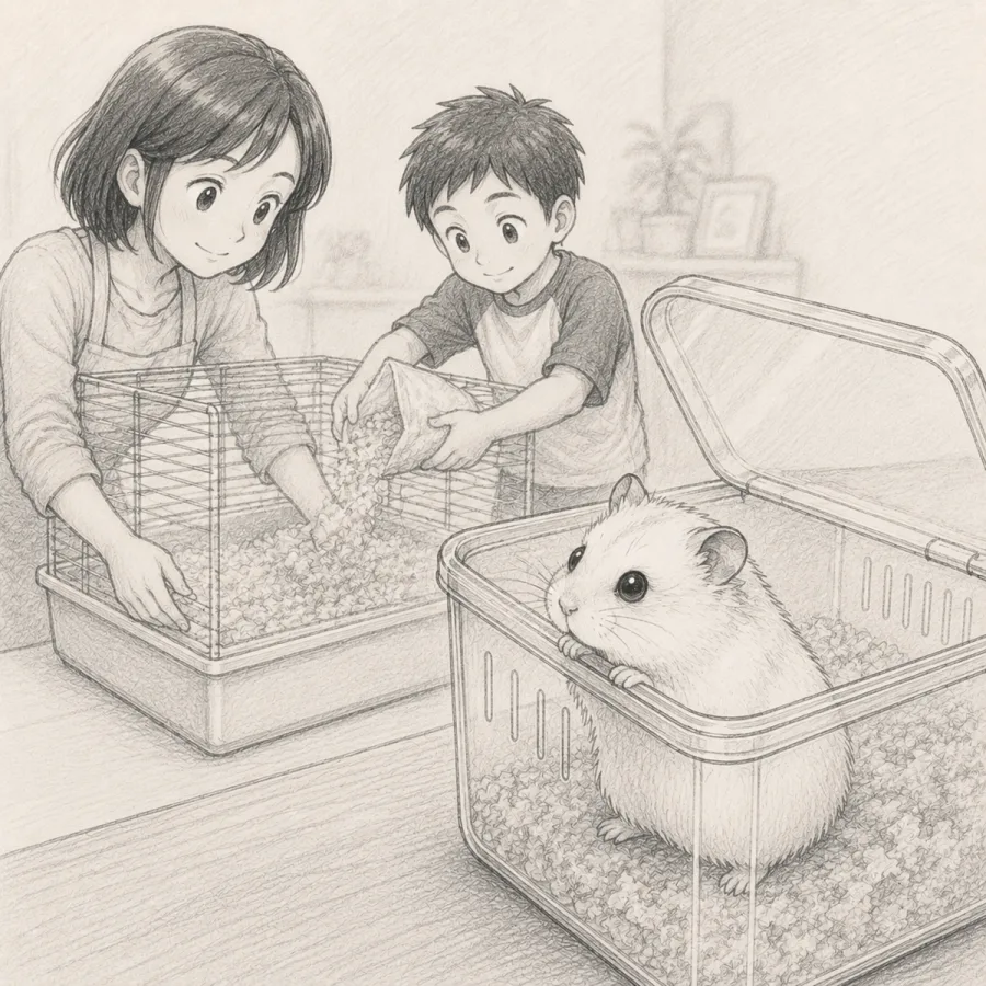 コマ3：掃除が終わりつつあるケージを興味深そうに見守るユキちゃん