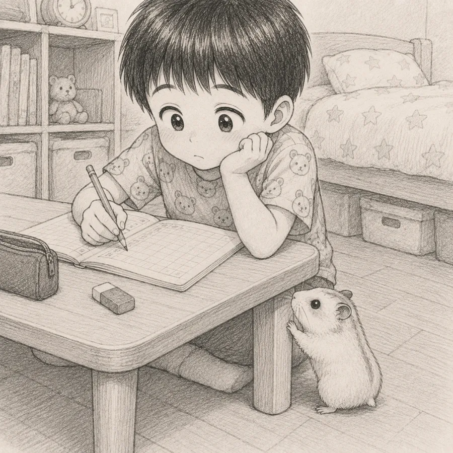 コマ1：宿題をする弟くんの横で、ユキちゃんが机に興味を示す