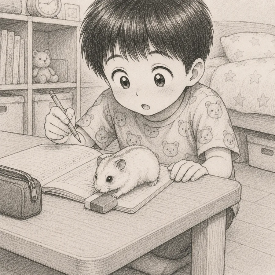 コマ2：ノートの上に登ってきたユキちゃんに弟くんが気づく