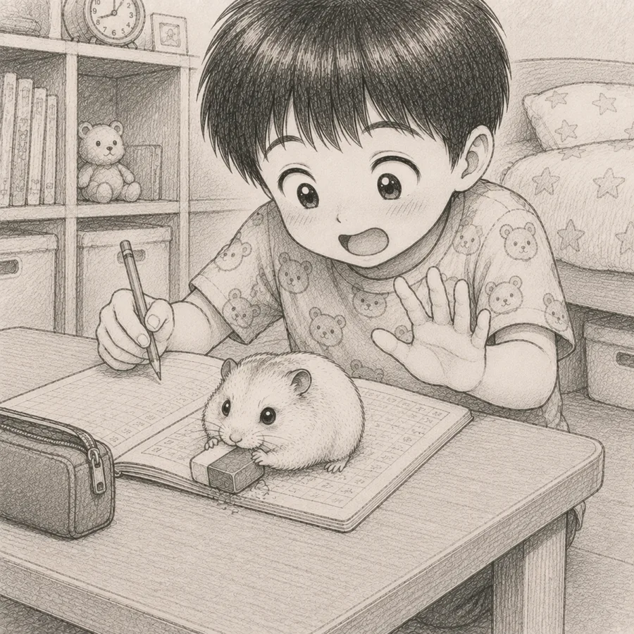 コマ3：消しゴムをかじり始めたユキちゃんを見て笑う弟くん