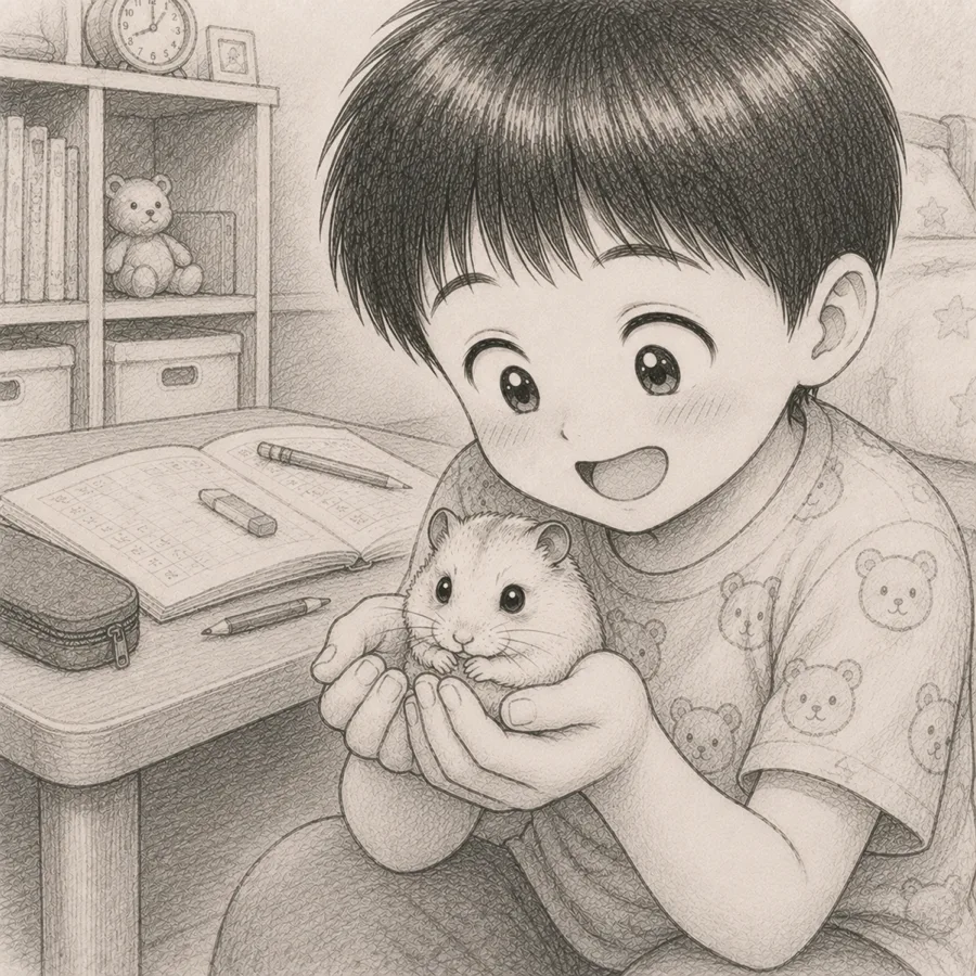 コマ4：宿題を諦め、ユキちゃんを両手で抱っこして満足そうな弟くん