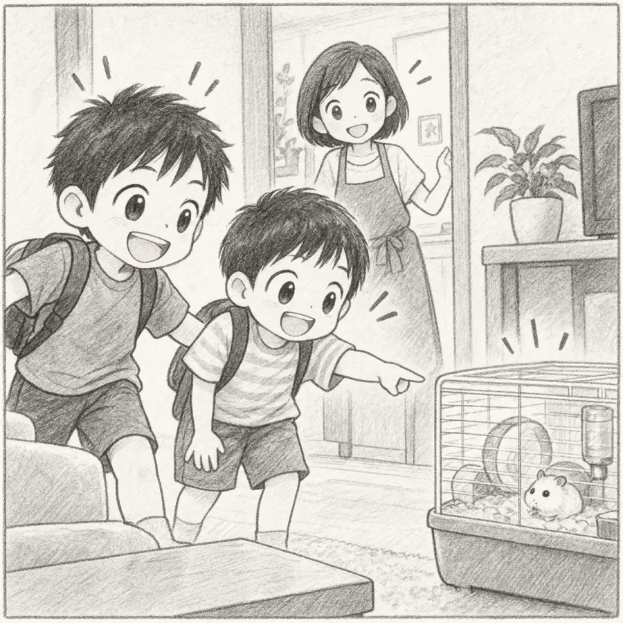 コマ1：お兄ちゃんが友だちを連れてきて、ユキちゃんのケージを紹介する